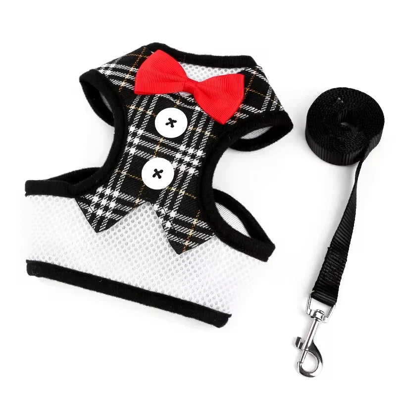 Elegant Bowtie Pet Harness Vest - Adjustable Cat Dog Leash Set Cute Tuxedo Bowknot Suit for Puppy Kitten