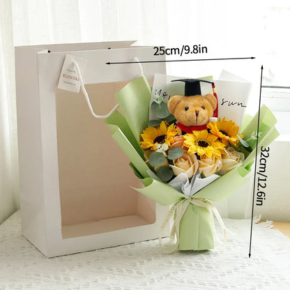 DIY Simulated Flower Bouquet – Crochet Sunflower Finished Product, Graduation, Doctoral, Valentine’s Day & Birthday Gift with Bear