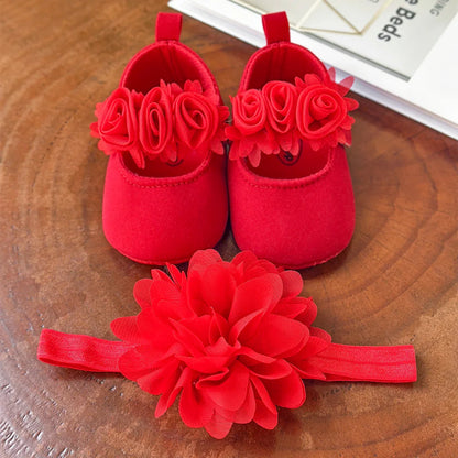 Baby Girls Flat Shoes with Flower Decor & Matching Headband – Princess Crib First Walker Shoes for Newborns and Infants