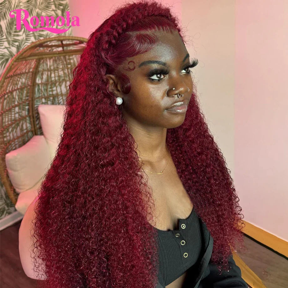 13x4/13x6 Burgundy Deep Wave Frontal Wig – HD Colored 99J Red Curly Human Hair Lace Front for Black Women