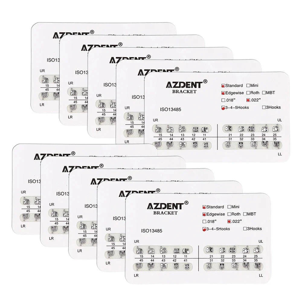 AZDENT 10 Packs Dental Brackets – Orthodontic Metal Mini Standard Roth MBT Slot 0.022/0.018 with Hooks, 20 Pcs per Pack