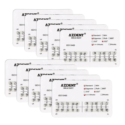 AZDENT 10 Packs Dental Brackets – Orthodontic Metal Mini Standard Roth MBT Slot 0.022/0.018 with Hooks, 20 Pcs per Pack