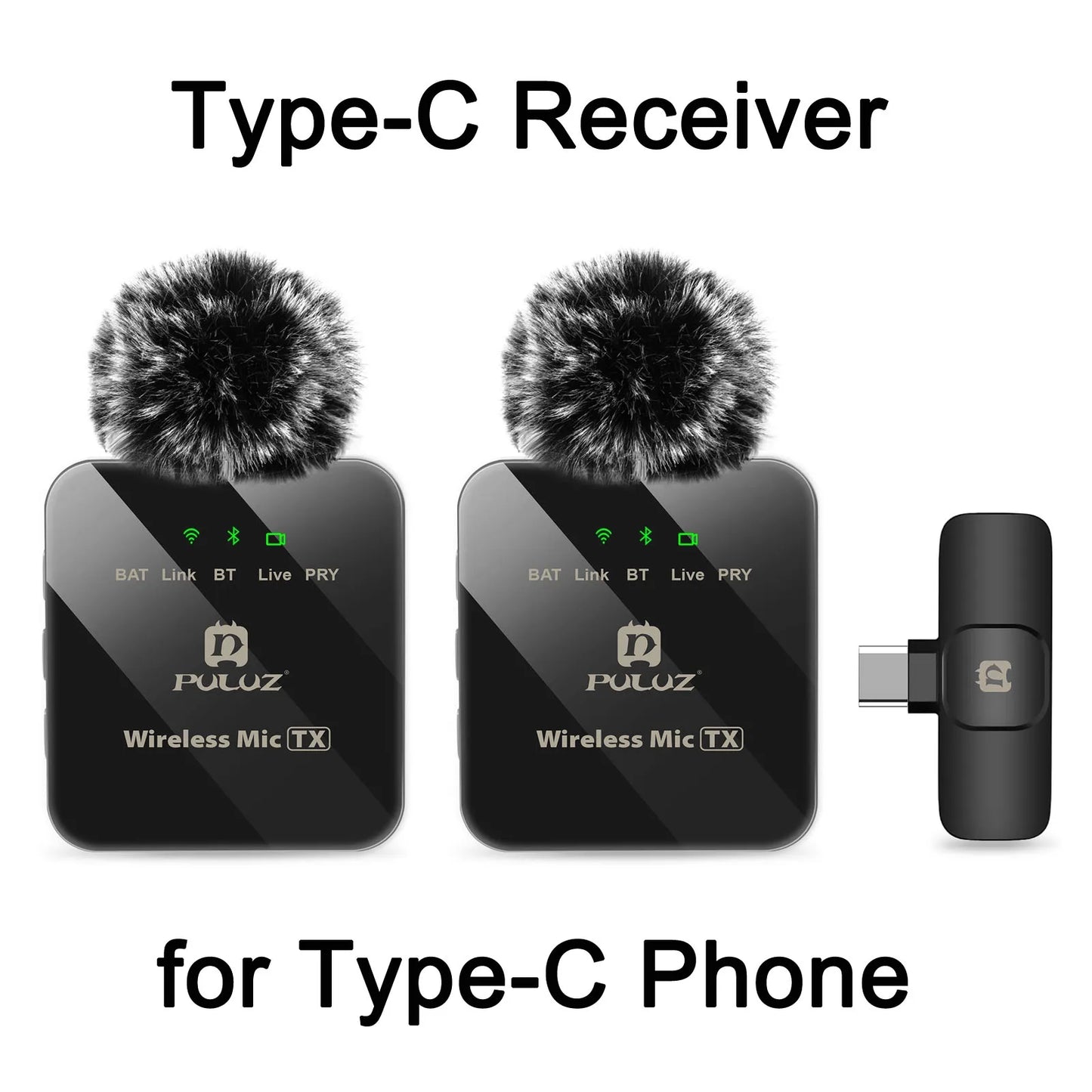 PULUZ Wireless Lavalier Microphone – Dual Mics with 8-Pin & Type-C Receiver for iPhone, iPad, & Android