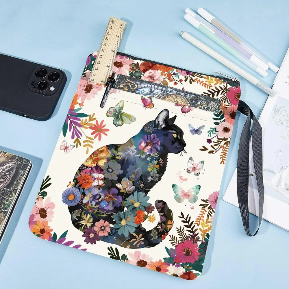 Floral Cat Book Sleeve with Zipper – Washable Book Cover Bag for Paperbacks, Notebooks & Journals