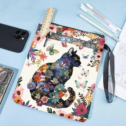 Floral Cat Book Sleeve with Zipper – Washable Book Cover Bag for Paperbacks, Notebooks & Journals