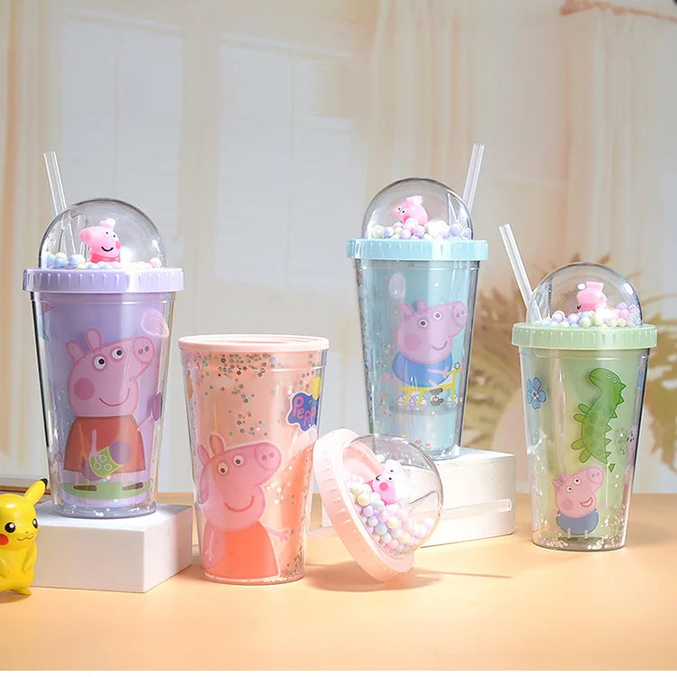 450ML Peppa Pig Plastic Water Bottle – Double-Layer Tumbler with Straw, George Pig Design, Gift for Girls