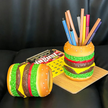 Miniso Cute Burger Pen Holder — Fun Desktop Organizer for Pens, Bedroom Desk Decoration, and Gift for Friends