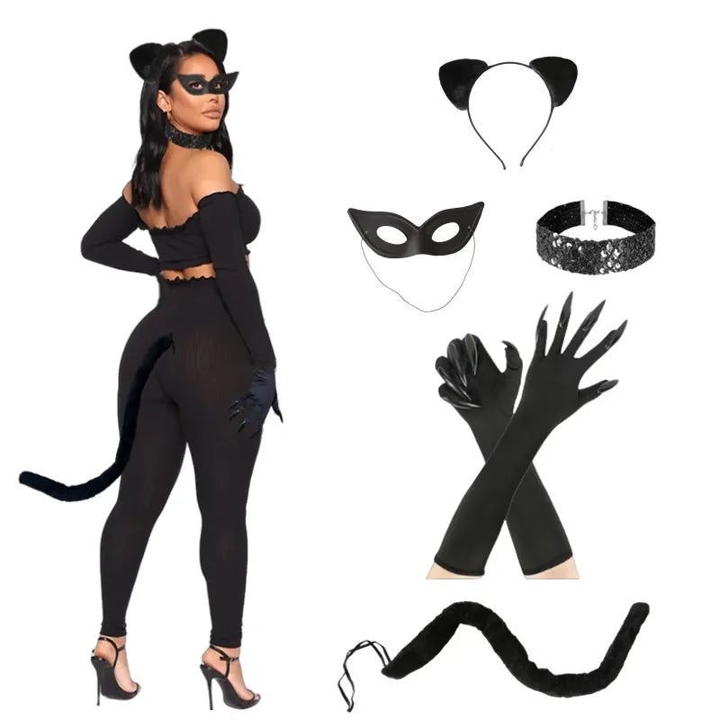 Cat Girl Halloween Cosplay Costume Set - Women's Cat Mask, Tail & Gloves for Carnival Parties
