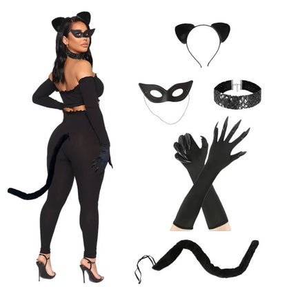 Cat Girl Halloween Cosplay Costume Set - Women's Cat Mask, Tail & Gloves for Carnival Parties
