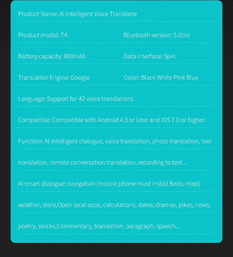 2024 T4 Portable Wireless Smart Translator - Two-Way Instant Voice Translation in 40 Languages, Bluetooth Multi-Language App