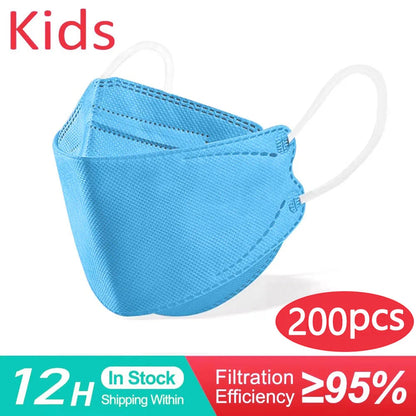 10-200PCS Kids KN95 FFP2 Face Masks — 4-Layer Protective Dustproof Masks for Boys & Girls Ages 6-14