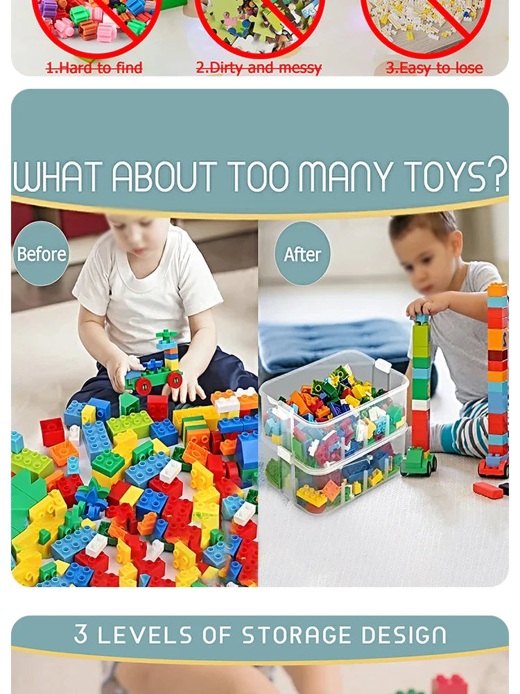 Brick-Shaped Building Blocks Storage Box for Kids – Stackable Plastic Toy Organizer Bin with Lid for Sundries & Toys