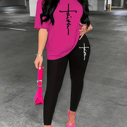 Women’s Plus Size Sports Outfit Set – Abstract Print Long Sleeve T-Shirt Top & Stretch Comfy Fitness Pants Set