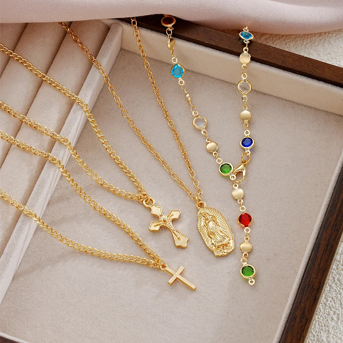 4Pcs Colorful Crystal Necklace Set - Gold & Silver Y-Shaped Pendant Chain Jewelry for Women with Cross Design