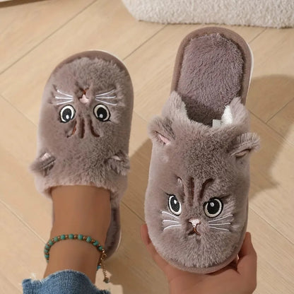 Women’s Plush Cat Slippers - Winter Warm Cozy Indoor House Shoes with Soft Non-Slip EVA Sole