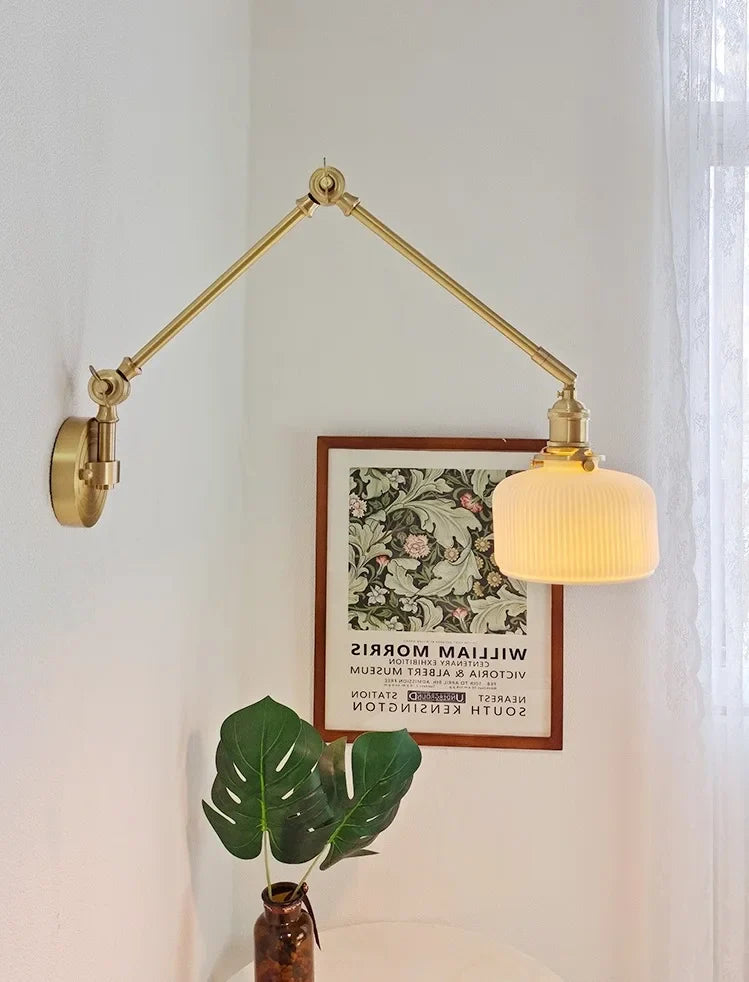 IWHD 2022 Ceramic Copper LED Wall Lamp — Adjustable Swinging Long Arm Light for Bedroom & Living Room