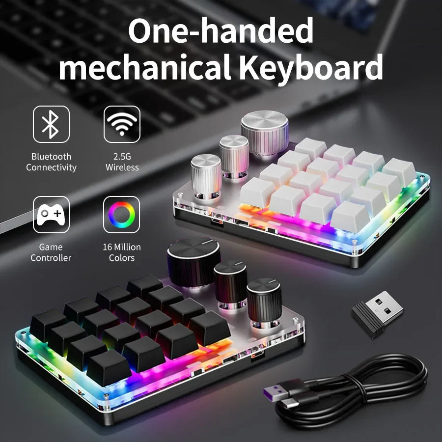 2.4G Bluetooth Mechanical Keyboard – 16-Key Custom USB with Knob, Volume Control, Macro & Gaming Modes