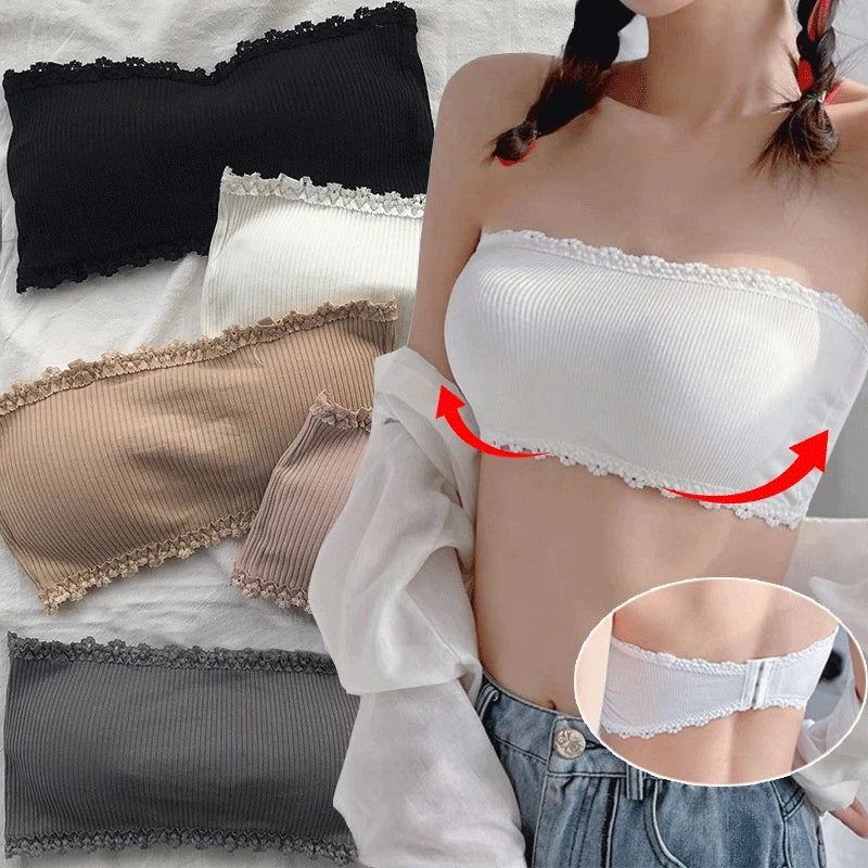 Women Summer Strapless Lace Bra, Seamless Breathable Invisible Chest Wrap Bralette, Sexy Back Lace Underwear Brassiere Top