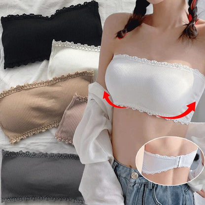 Women Summer Strapless Lace Bra, Seamless Breathable Invisible Chest Wrap Bralette, Sexy Back Lace Underwear Brassiere Top