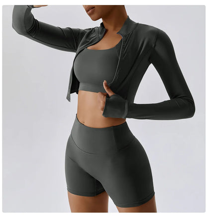 3PCS Women’s Yoga & Workout Set – Long Sleeve Zipper Top with High Waist Leggings Fitness Sportswear