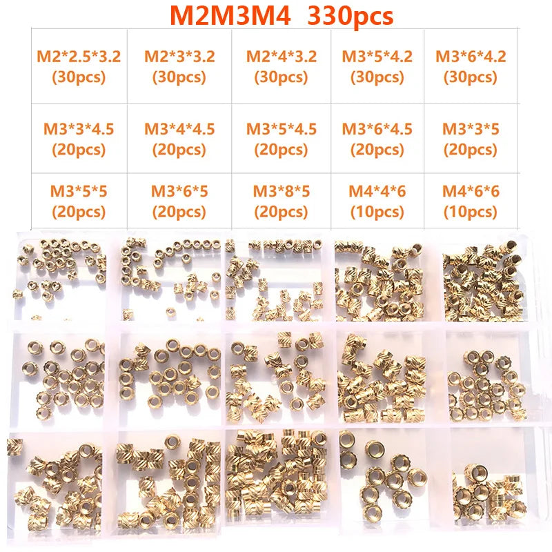 Brass Insert Nut Set M2–M6 – Knurled Hot Melt Threaded Copper Nuts for 3D Printing & Injection Molding