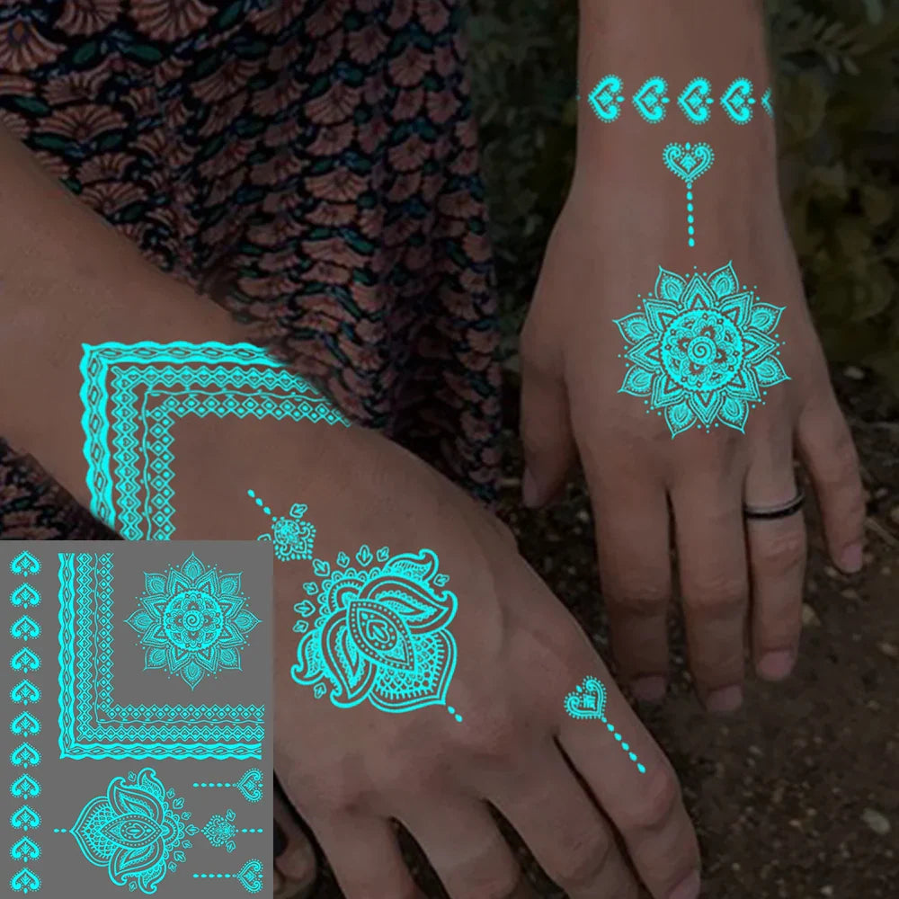 Blue Luminous Glow Henna Temporary Tattoo Stickers – Waterproof Mandala Lace Floral Body Art for Women & Men