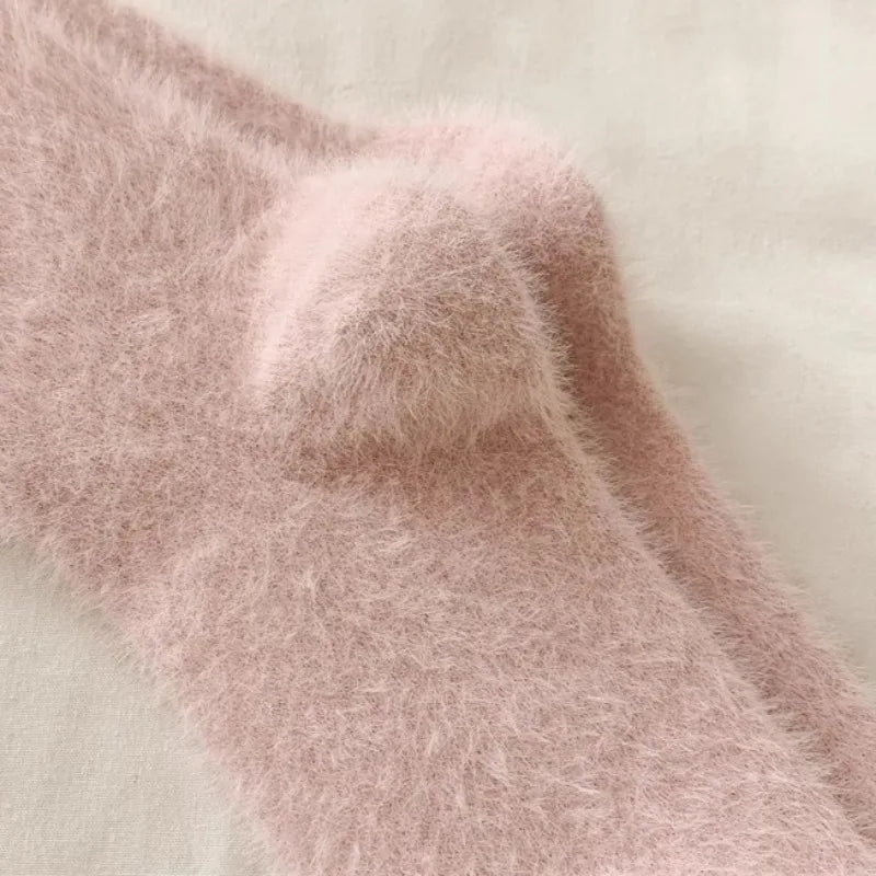 Thickened Pink Mink Fur Heart Embroidered Socks — Women’s Autumn Winter Warm Plush Mid-Tube Home Sleep Socks
