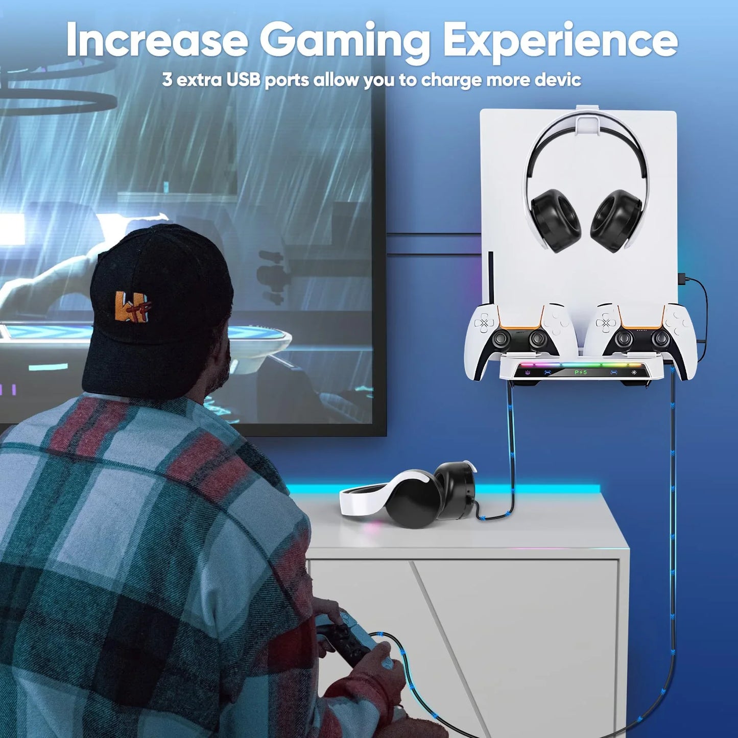 PS5/PS5 Pro/Slim Wall Mount Kit – RGB Light Stand with Charging Station & Headset Hanger for Dual Controllers