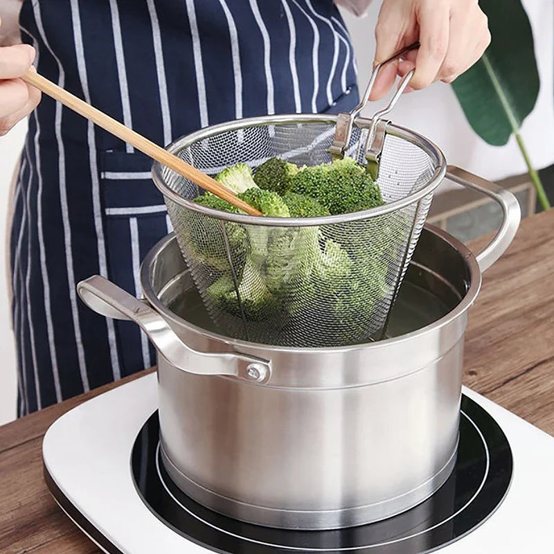 Stainless Steel Frying Strainer Basket - French Fries Deep Fry Basket with Handle, Kitchen Wire Mesh Colander Tool