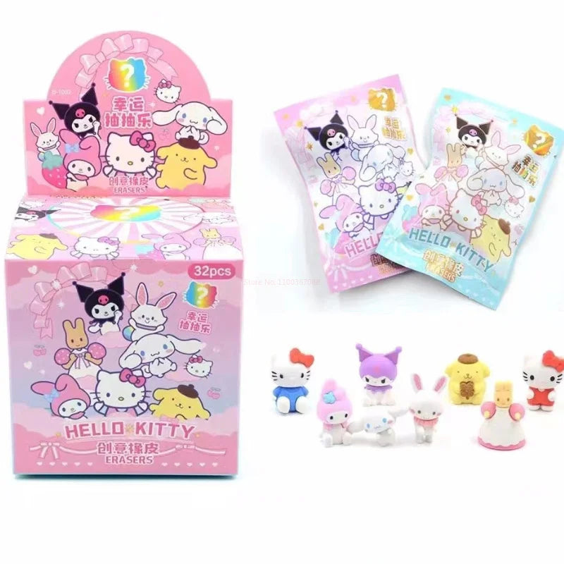 32pcs Blind Box Cartoon Erasers — Cute Kitty, My Melody & Kuromi KT Cat Mystery Box, Fun Stationery for Students & Birthday Gifts