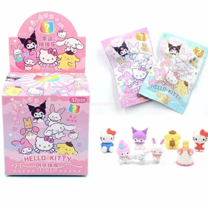 32pcs Blind Box Cartoon Erasers — Cute Kitty, My Melody & Kuromi KT Cat Mystery Box, Fun Stationery for Students & Birthday Gifts