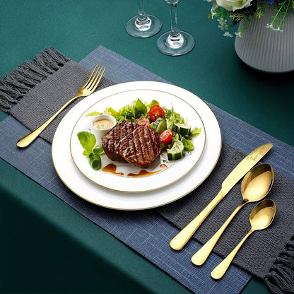 24-Piece Stainless Steel Black Flatware Set — Elegant Knife, Fork & Spoon Cutlery with Mirror Polish, Gold Accents, Dishwasher Safe