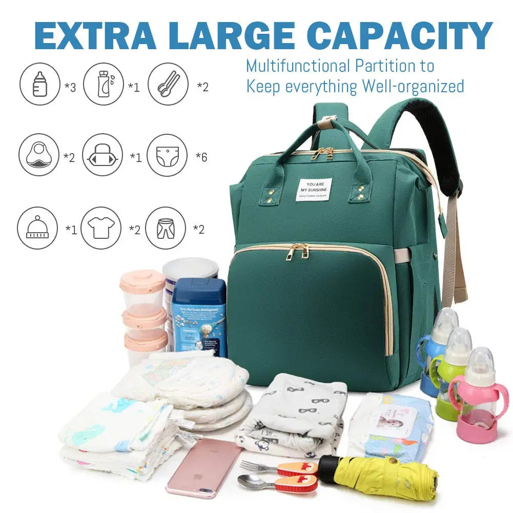 3-in-1 Diaper Bag Backpack – Waterproof Travel Bag with Foldable Baby Bed & USB Charging