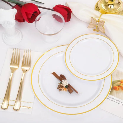 700PCS Gold Plastic Dinnerware Set – White & Gold Plates with 100 Napkins, Serves 100 Guests, Disposable Wedding Party Set