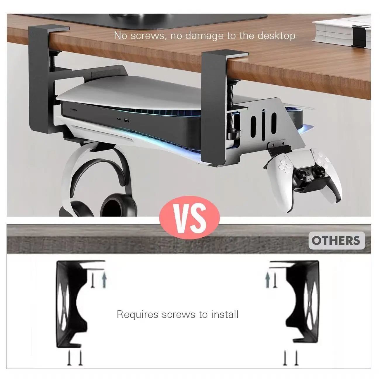 Under-Desk Mount for PS5, PS5 Slim & PS5 Pro – Horizontal Stand for Disc & Digital Edition Console