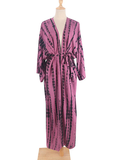 Tie-Dye Bikini Cover Up Kimono – Bohemian Beach Swimsuit Cape Pareo Dress with Belted Wrap Style Summer Swimwear Cover-Up