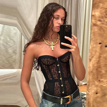 Women's Sexy Corset Lace Strapless Top – Sleeveless Hollow Tight Fit Summer Streetwear Trendy Vest 2025