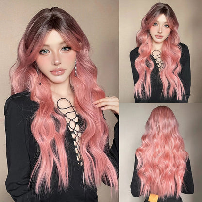 Light Green Long Wavy Synthetic Wig with Bangs – Blackish Green Cosplay & Lolita Style, Heat-Resistant for Women