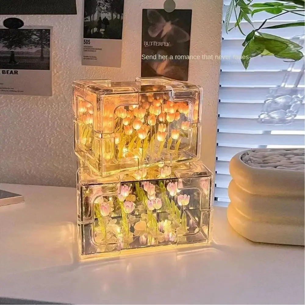 DIY Tulip Flower Sea Cube Night Lamp Kit – Three-Dimensional Craft Material Package for Girlfriend and Couples