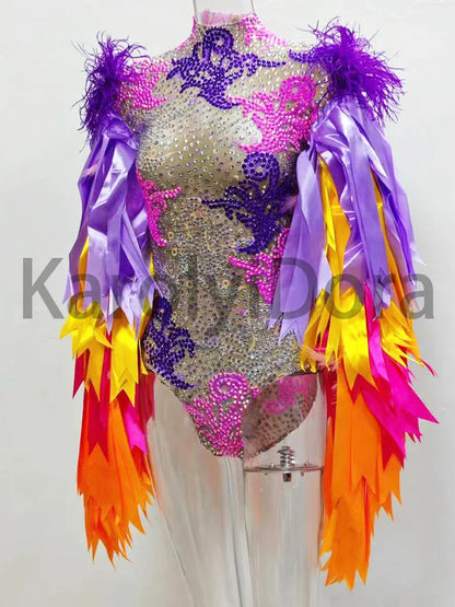 Colorful Feather Sleeve Rhinestone Bodysuit – Women’s Nightclub Party Dance Performance Costume