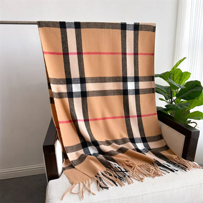 Luxury Brand Winter Plaid Cashmere-Like Blanket Scarf - Thick Warm Pashmina Shawl Wrap with Tassels, Poncho Stoles Echarpe