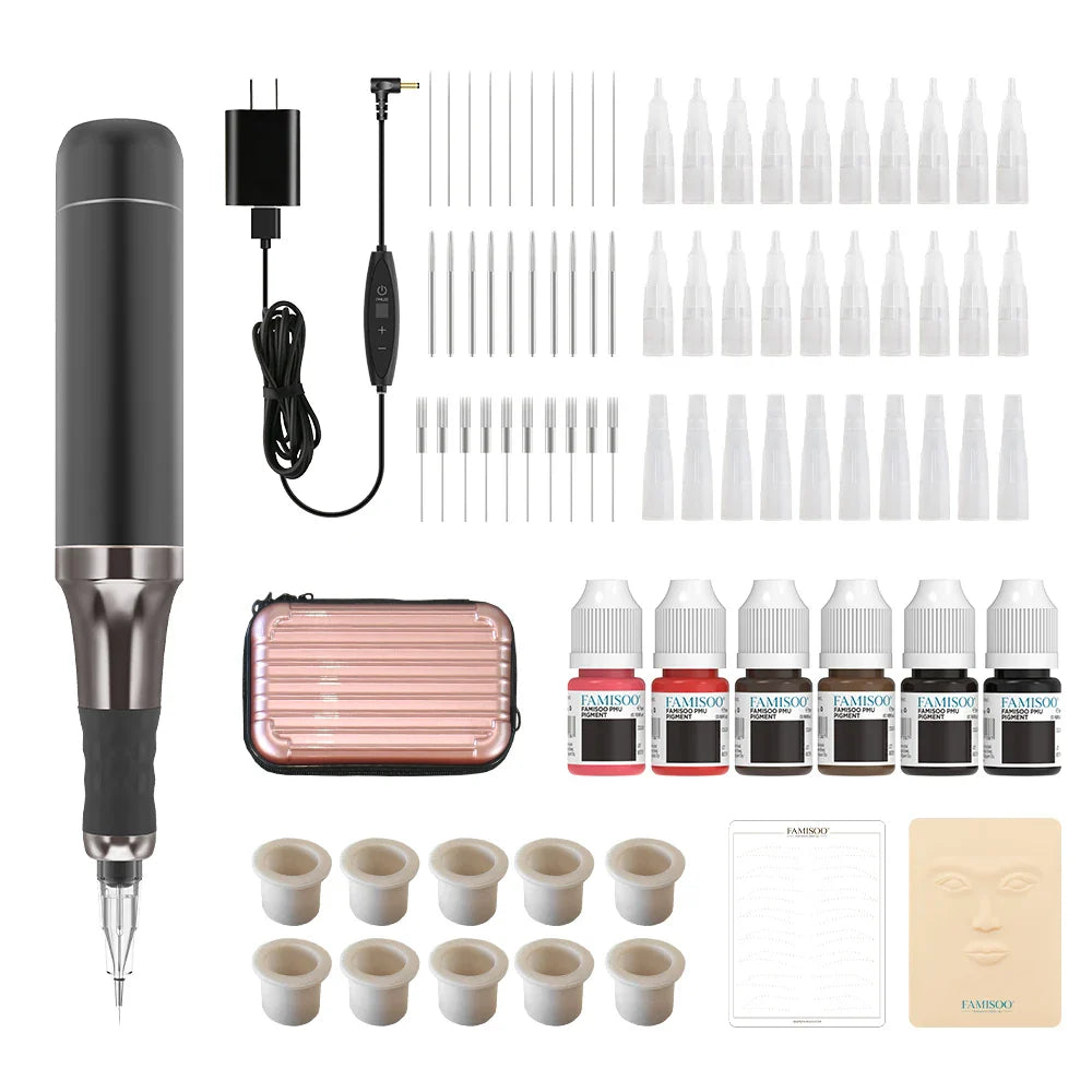 FAMISOO Professional Permanent Makeup Tattoo Machine Kit – Eyebrow, Eyeliner, Lip & Body with 6 Pigment Needles
