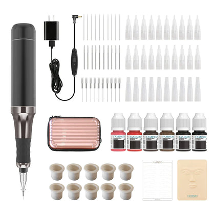 FAMISOO Professional Permanent Makeup Tattoo Machine Kit – Eyebrow, Eyeliner, Lip & Body with 6 Pigment Needles