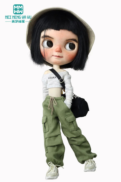 Blythe & Azone OB22/OB24 Doll Clothes — Fashion Jeans Overalls in Khaki, Army Green, Denim Blue, Pink & Black