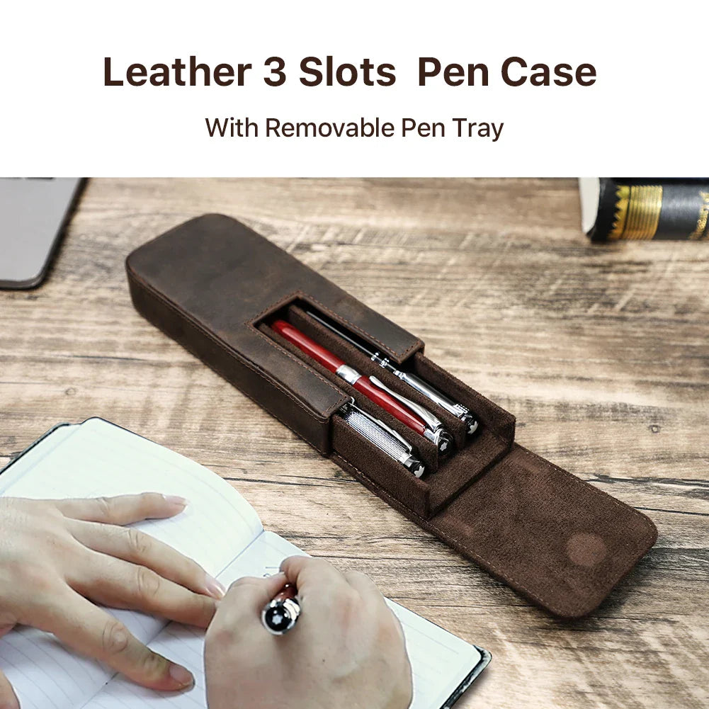 Luxury Genuine Leather 3-Slot Pen Case: Removable Pen Tray Holder - Office & School Supplies Pouch, Creative Gift