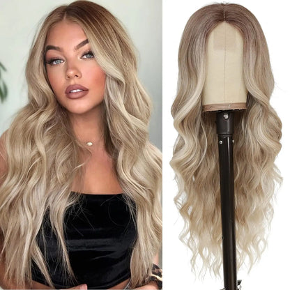 26-Inch Synthetic Ombre Blonde Wavy Wig for Women — Long Middle Part Curly Heat-Resistant Hair Fiber