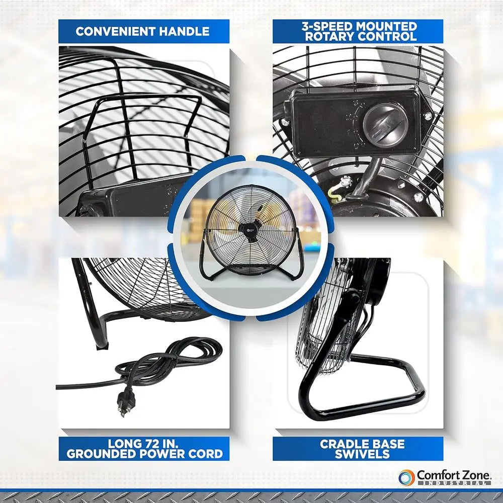 18-Inch Industrial High-Velocity Floor Fan – 3-Speed Adjustable Tilt with Carry Handle for Workshop & Home Use