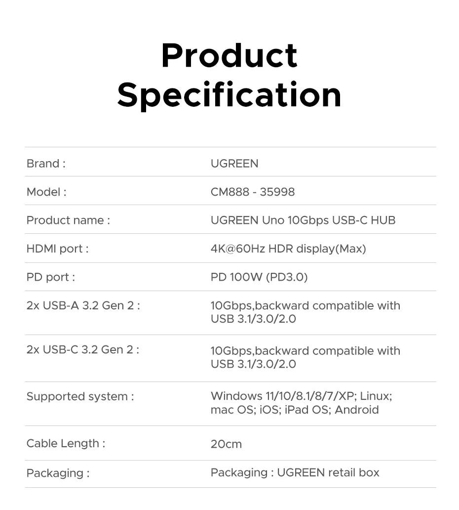 UGREEN Uno 6-in-1 USB-C Hub – 4K60Hz, PD100W, 10Gbps USB3.2 Splitter Adapter for Laptop & MacBook Pro/Air