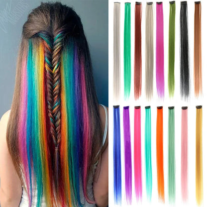 22-Inch Rainbow Highlight Synthetic Hair Extensions – Long Straight Colorful Hairpiece for Women & Kids
