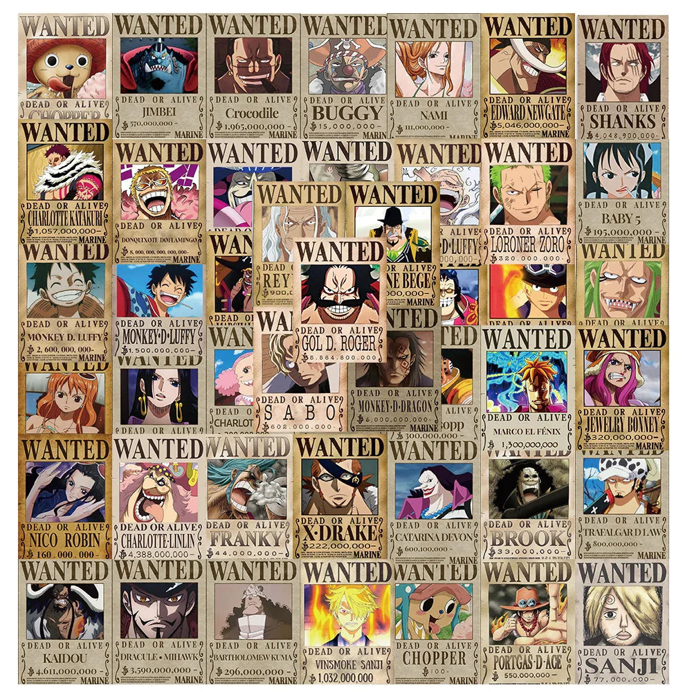 56PCS One Piece Anime Stickers – Wanted Poster Cartoon Decals for Laptop, Notebook, Phone & Wall Decoration
